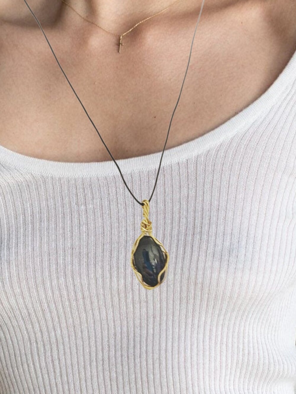 Natural Polished Dark Green Gemstone Handwired Pendant w/ Adjustable Cord